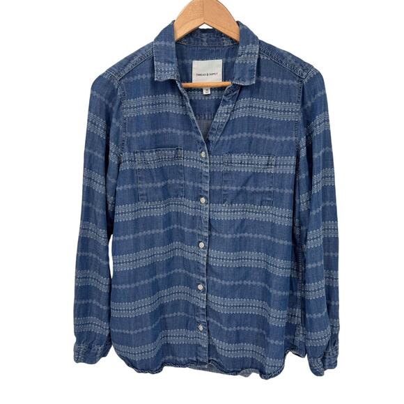 Thread & Supply Western Boho‎ Chambray Button Front Shirt Medium Blue Lyocell - Picture 1 of 10